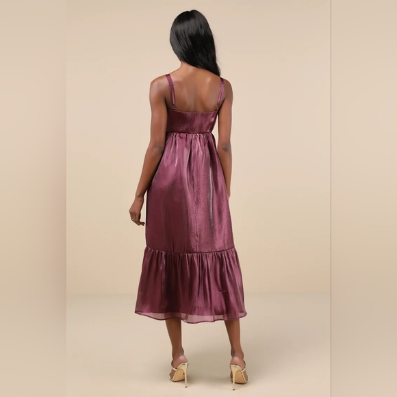 Lulus Extravagant Initiative Shiny Plum Organza Bow Midi Dress M Wedding Party - Picture 5 of 9